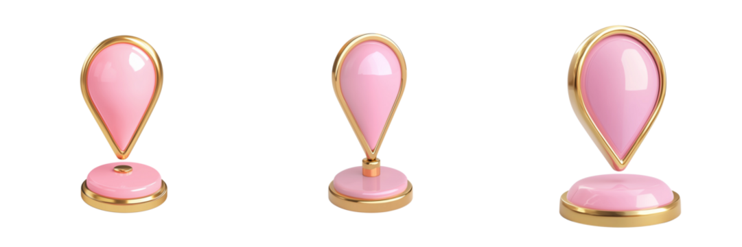 set of A  pink location pin icon with a gold rim, standing on its base, PNG format Transparent Background