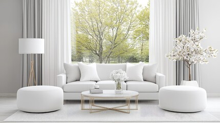 Modern white living room with large window, sofa, and decorative plants.