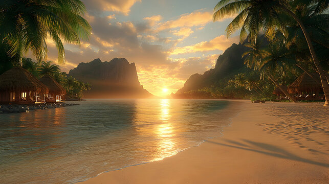 Stunning sunset over tropical beach with palm trees and bungalows.