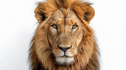Fototapeta premium A majestic lion with a thick mane, staring directly at the viewer against a plain background.