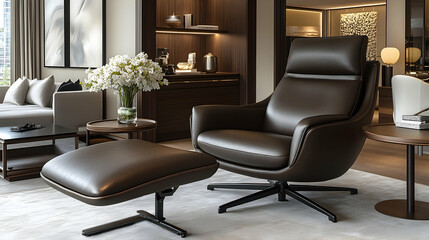 Luxurious brown leather armchair with ottoman in modern living room.