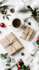 Holiday table setting with wrapped gifts and a cup of coffee in a cozy winter atmosphere