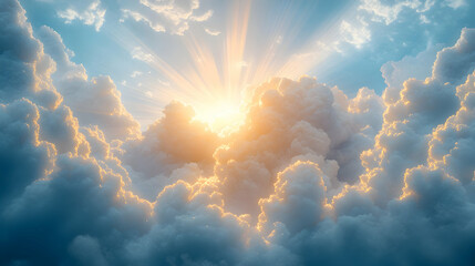 Sun rays bursting through fluffy clouds in a vibrant sky.