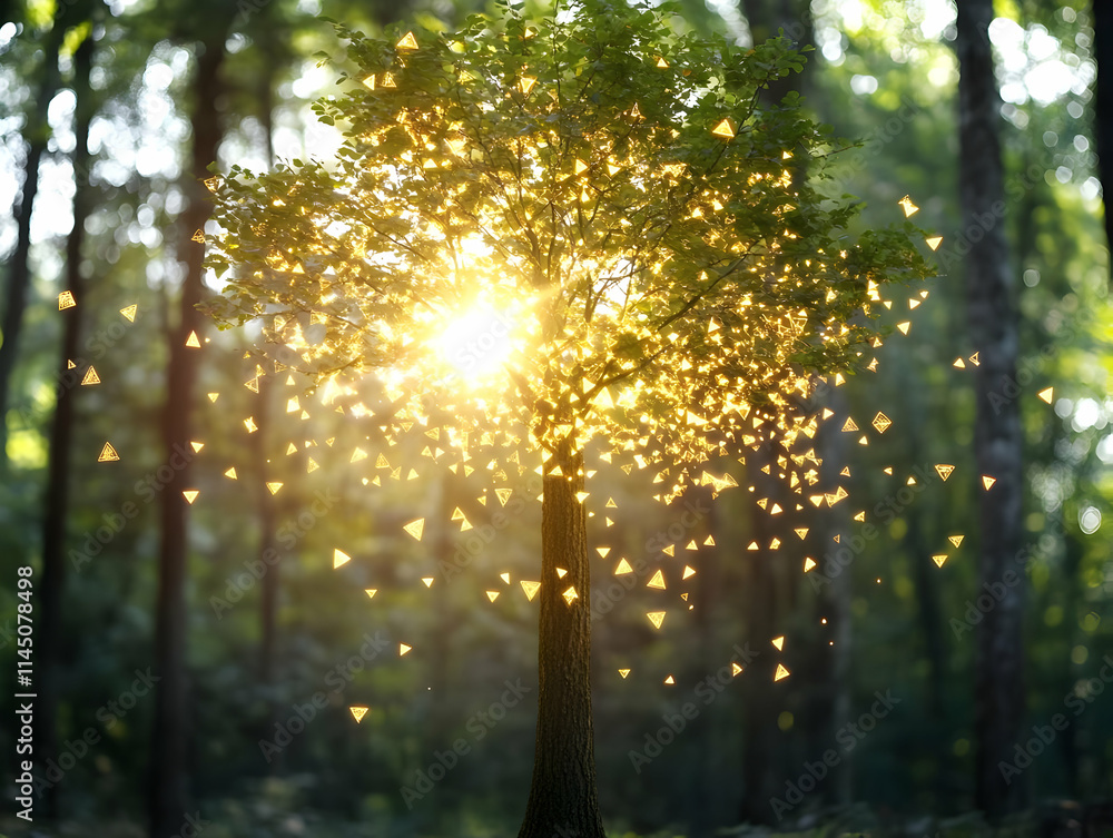 Aufkleber tree stands tall with glowing triangles cascading down in the forest with sunlight and nature theme.