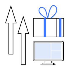 Computer monitor, wrapped gift box with blue ribbon, and two upward-pointing arrows. Ideal for marketing, e-commerce, digital growth, technology advancement, product promotions, online shopping