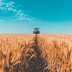 Fototapeta premium A tractor working in a golden wheat field under a clear blue sky.
