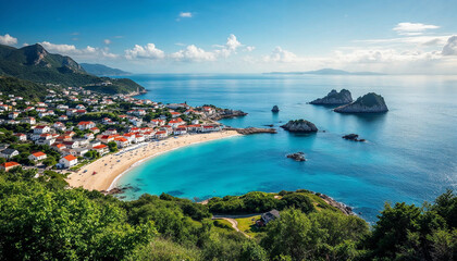 Fototapeta premium Scenic coastal view of a serene beach with clear blue waters and rocky formations under a bright sky