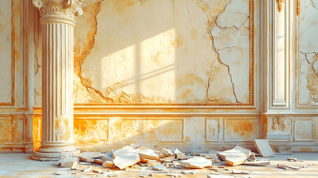 Sunlit crumbling classical interior wall with column and debris.