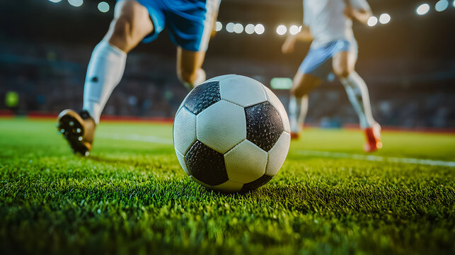 Two soccer players dribbling a ball during a match in a stadium. - Powered by Adobe