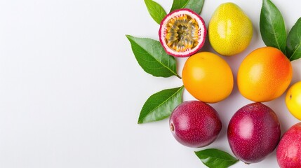 Assorted whole and halved passion fruits with green leaves on a white background, minimalistic and clean composition, isolated with copy space for text, vibrant and tropical organic produce, exotic fr