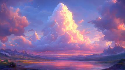 Majestic sunset over a tranquil lake and mountains, with vibrant, colorful clouds dominating the sky.
