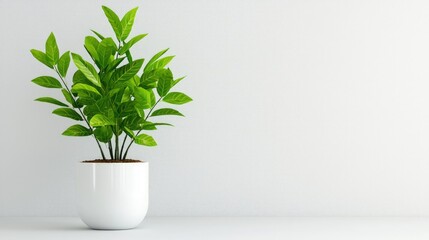 Obraz premium Lush green plant in a white pot against a minimalist white wall.