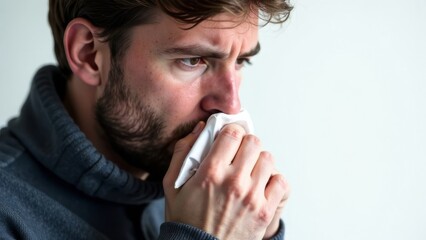 A man with a cold and fever blows his nose into a handkerchief, close-up, white background