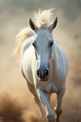 Obraz premium Um cavalo branco correndo em direção à câmera, no fundo, a poeira levantada pelo animal.