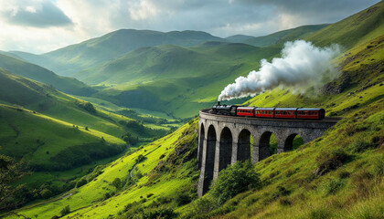 Naklejka premium Vintage steam train traverses a picturesque viaduct in lush green hills under dramatic skies