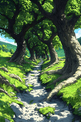 Fototapeta premium Sunlit path through lush green tree tunnel.