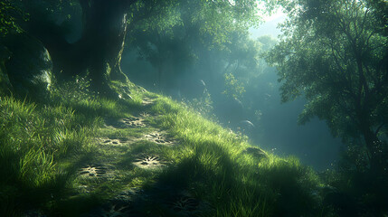 Obraz premium Sunlit path through lush green forest with tall trees and soft mist.