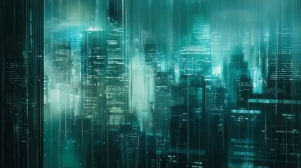 Obraz premium Futuristic Urban Landscape with Neon Lights Reflected in Rain, Thick Fog Surrounds Skyscrapers Creating a Mysterious Atmosphere at Night