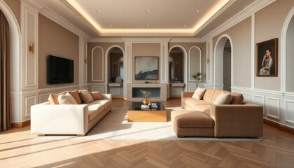 Fototapeta premium A villa living room with luxurious gold skirting boards, a plush sectional sofa, and a minimalist