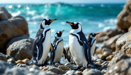 Naklejka premium Group of penguins gathered on rocky shore near ocean under bright blue sky during daylight