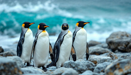 Fototapeta premium Group of king penguins standing on rocky shore by the ocean with waves crashing in the background during a cloudy day