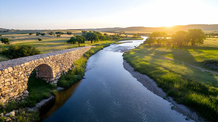 River Flows Under Stone Bridge at Sunset with Grass, Trees, and Rolling Hills. Golden Hour Landscape.