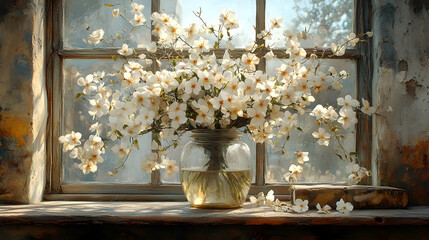 Sunlit white flowers in glass vase on rustic windowsill.