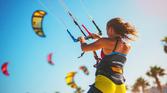Woman kitesurfing on a sunny day