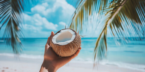 hand holding a coconut on the beach