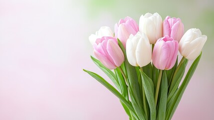 Fototapeta premium Pink and white tulips bouquet on soft background.