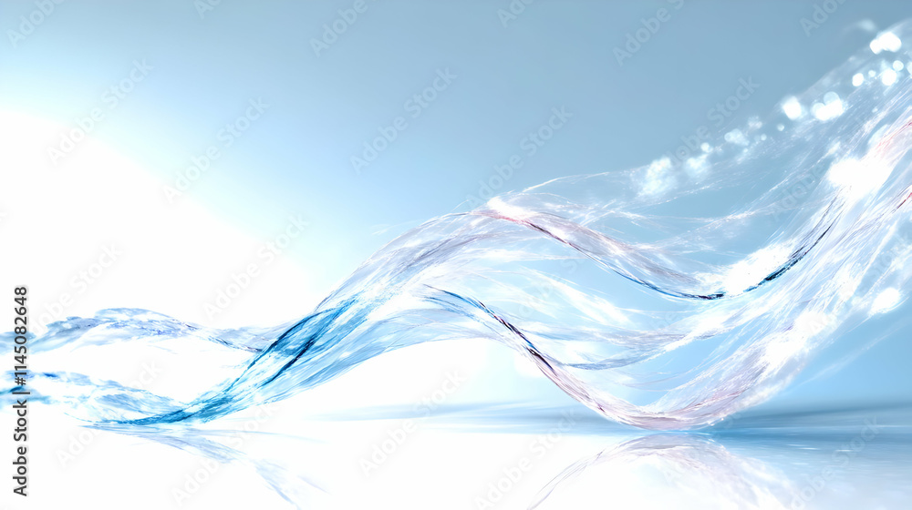 Poster abstract water flowing smoothly with ripples and reflections, fluid dynamics simulation with transpa