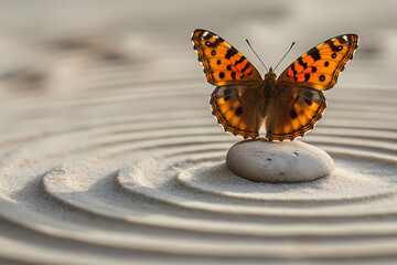 Fototapeta na wymiar An orange little butterfly sits on a white round stone. Natural background with space for text