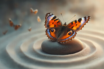 Fototapeta na wymiar An orange butterfly sits on a smooth gray stone against a blurred natural background