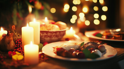 Cozy Candlelit Dinner with Festive Table Setting and Warm Ambient Lighting