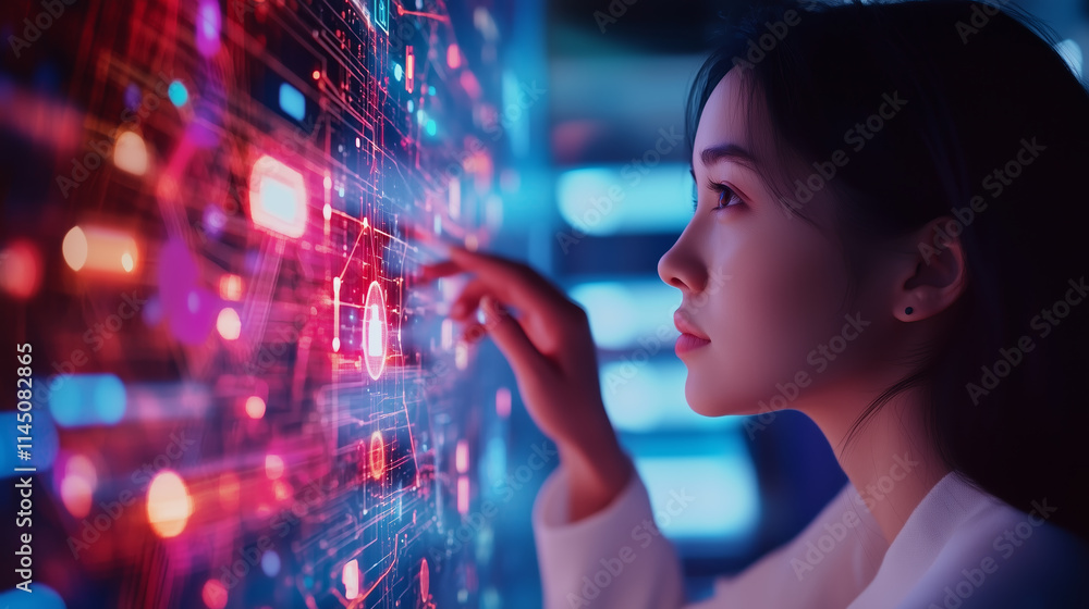 Poster woman interacting with digital interface, exploring data visualization and technology concepts in a 