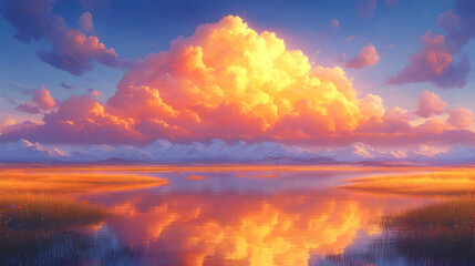 Obraz premium Sunset over calm lake reflecting vibrant clouds and snow-capped mountains.