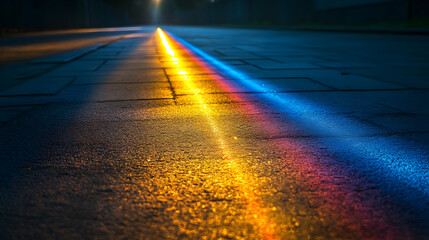 Colorful light reflections on a wet street surface.