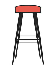 Tall wooden bar stool with padded seat standing on white background. Tall bar stool with four legs and padded seat, furniture for bars, pubs, restaurants, cafes
