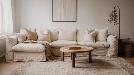 Beige Linen Sectional Sofa Living Room Decor