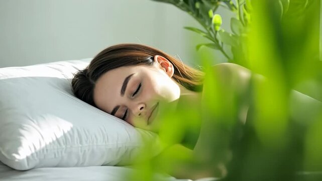 Young woman sleeping in bed. Caucasian attractive girl hugging soft white pillow. Happy Lady enjoys fresh soft bedding linen, mattress in bedroom lying closed eyes. Good sleep concept. Sunny morning.