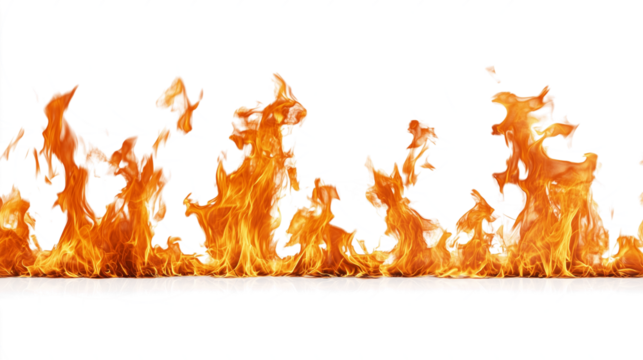 line of fire flames forming horizontal border isolated on transparent background