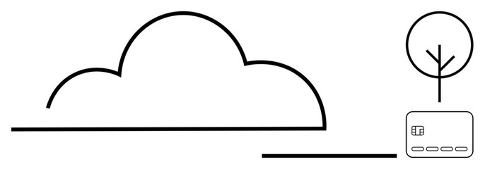 Large cloud next to a tree and chip card. Ideal for technology, finance, environmental sustainability, clean design, minimalist artwork, digital solutions, modern connectivity themes. Line metaphor