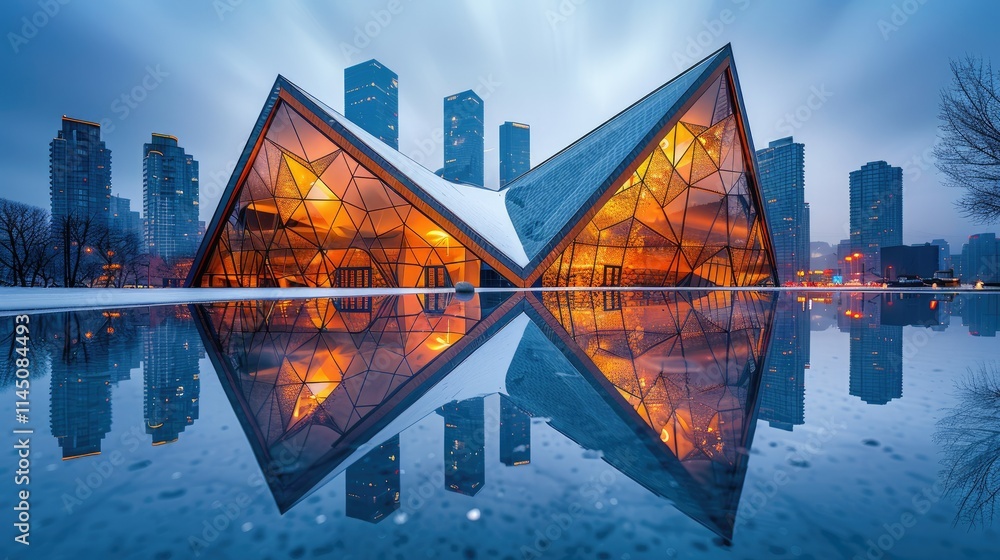 Poster a modern architectural structure with geometric design reflecting in a calm water surface.