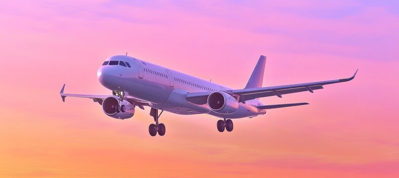 Passenger airplane flying in sunset sky with landing gear extended - Powered by Adobe