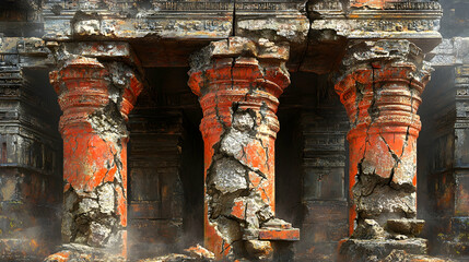 Three cracked, weathered, red and grey stone columns of an ancient ruin.