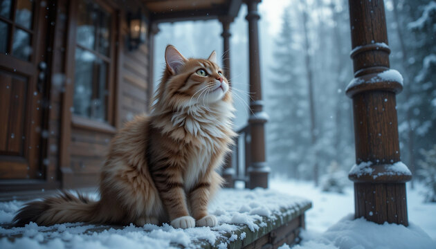  Fluffy Cat Catching Snowflakes on Forest House Porch in Stunning Close-Up