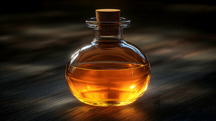 Glass bottle filled with amber liquid.