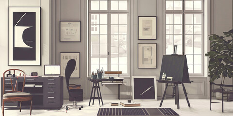 Minimalist Artist's Studio Interior with Desk and Easel