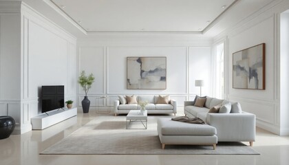 Fototapeta premium A villa living room with sleek white skirting boards, minimalist furniture, and large abstract artwork for an elegant