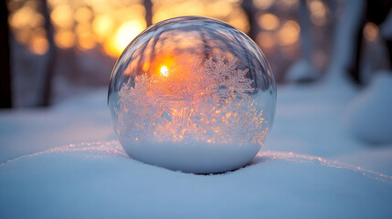 Snow globe capturing a sunset in a winter landscape.